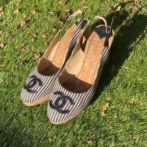 Chanel stripped canvas and cork heel